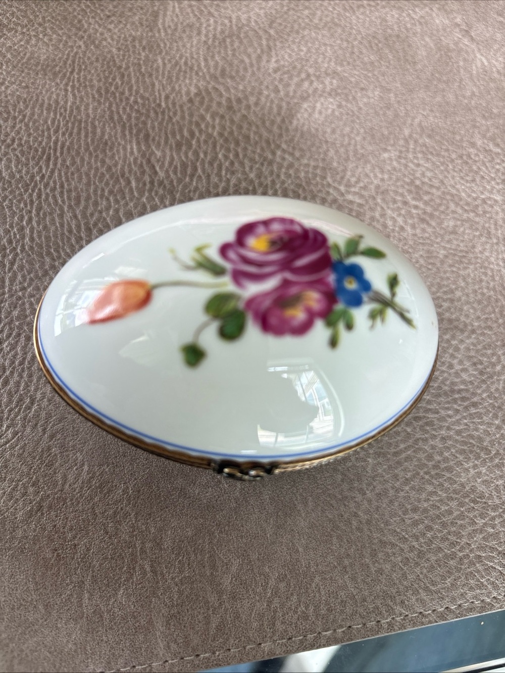 Porcelain Floral Egg Trinket Box - White with Pink and Blue Flowers